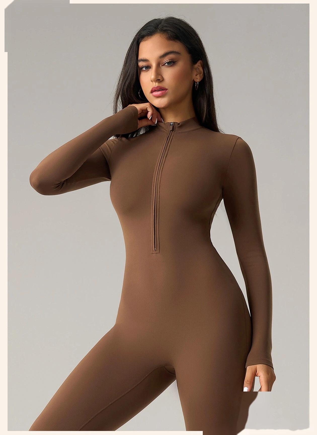 Women’s High Stretch Long Sleeve Half Zip Fitness Jumpsuit Slim Fit Butt Lifting Yoga Workout Bodysuit detail