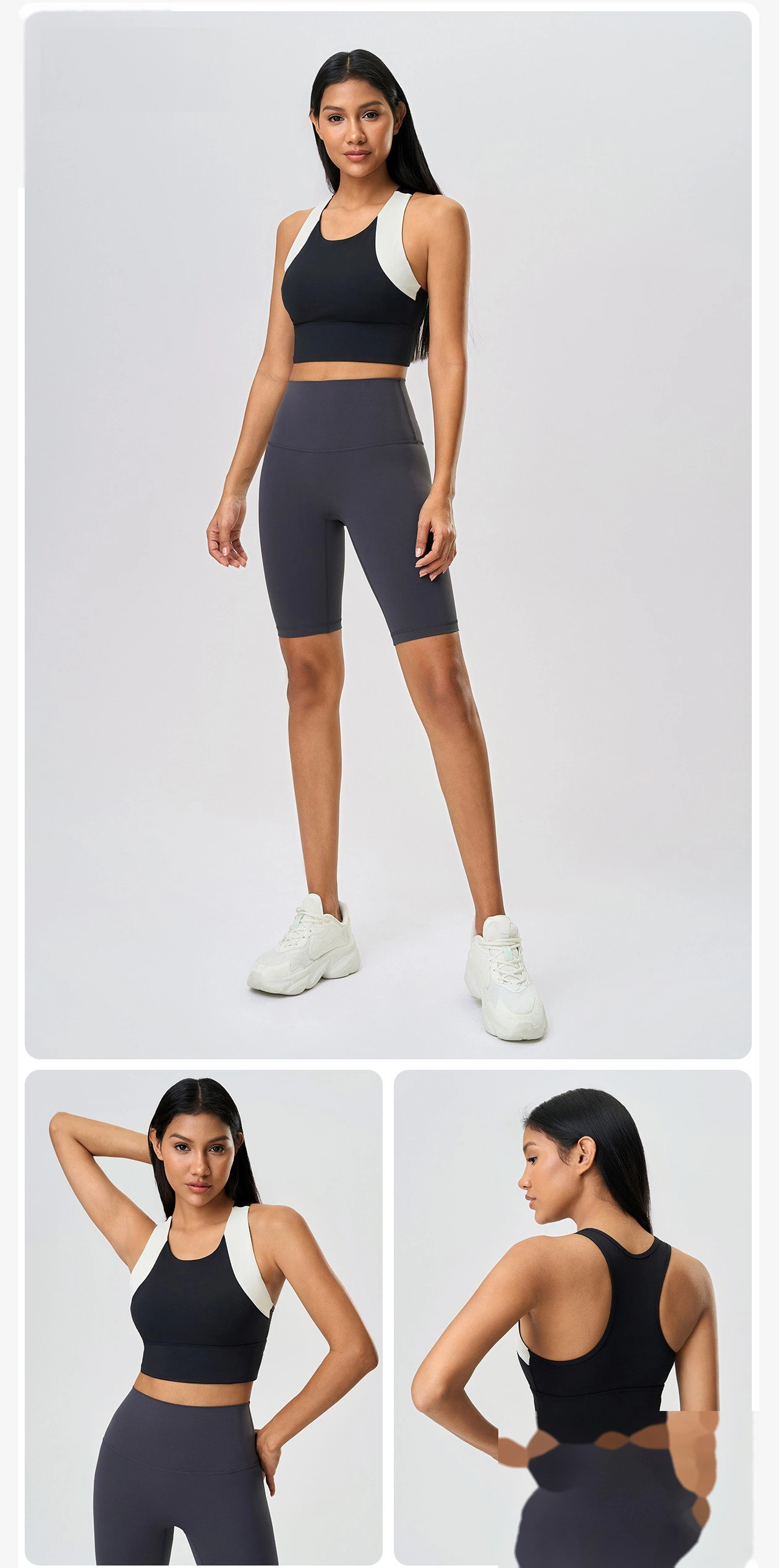 Customized contrast short sports vest female fixed chest pad gathered beautiful back yoga bra. detail