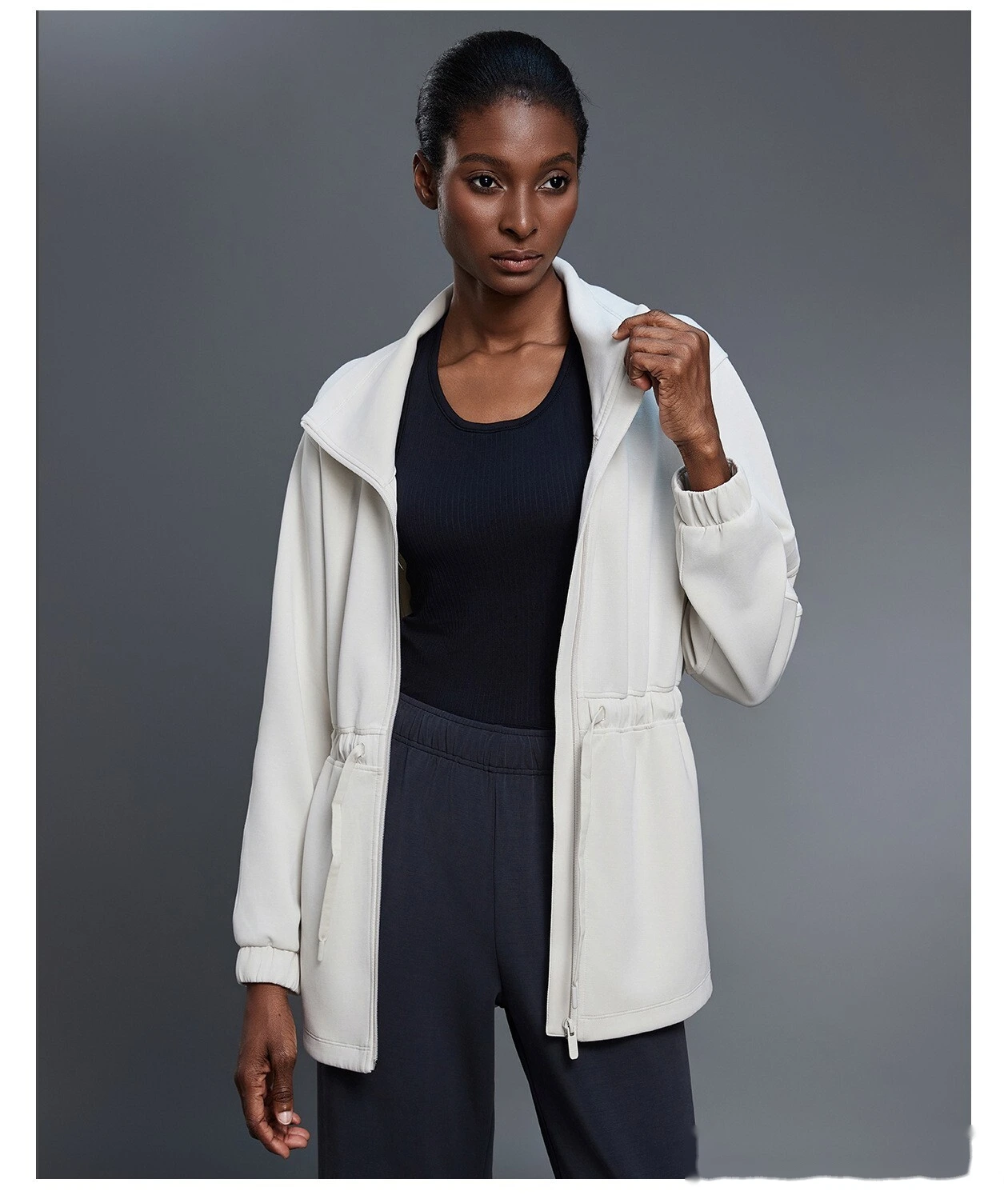 Custom-made long coat women's drawstring waist jacket leisure commuter sports windbreaker detail
