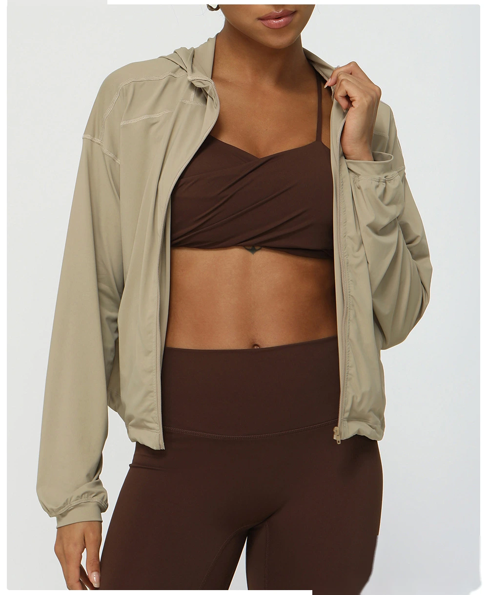 Custom autumn thin yoga clothing jacket quick-drying hooded fitness running sportswear jacket female detail
