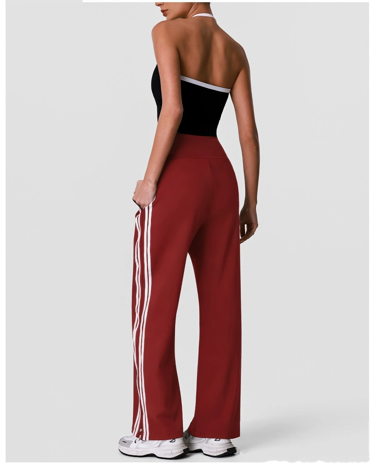 Halter Padded Sports Vest & Color Block Striped Wide Leg Pants Set for Women, Fitness Running Workout Suit detail