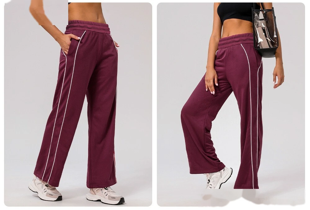 Custom leisure sports pants contrast American loose straight pants women's pocket yoga hip fitness wide-leg pants detail