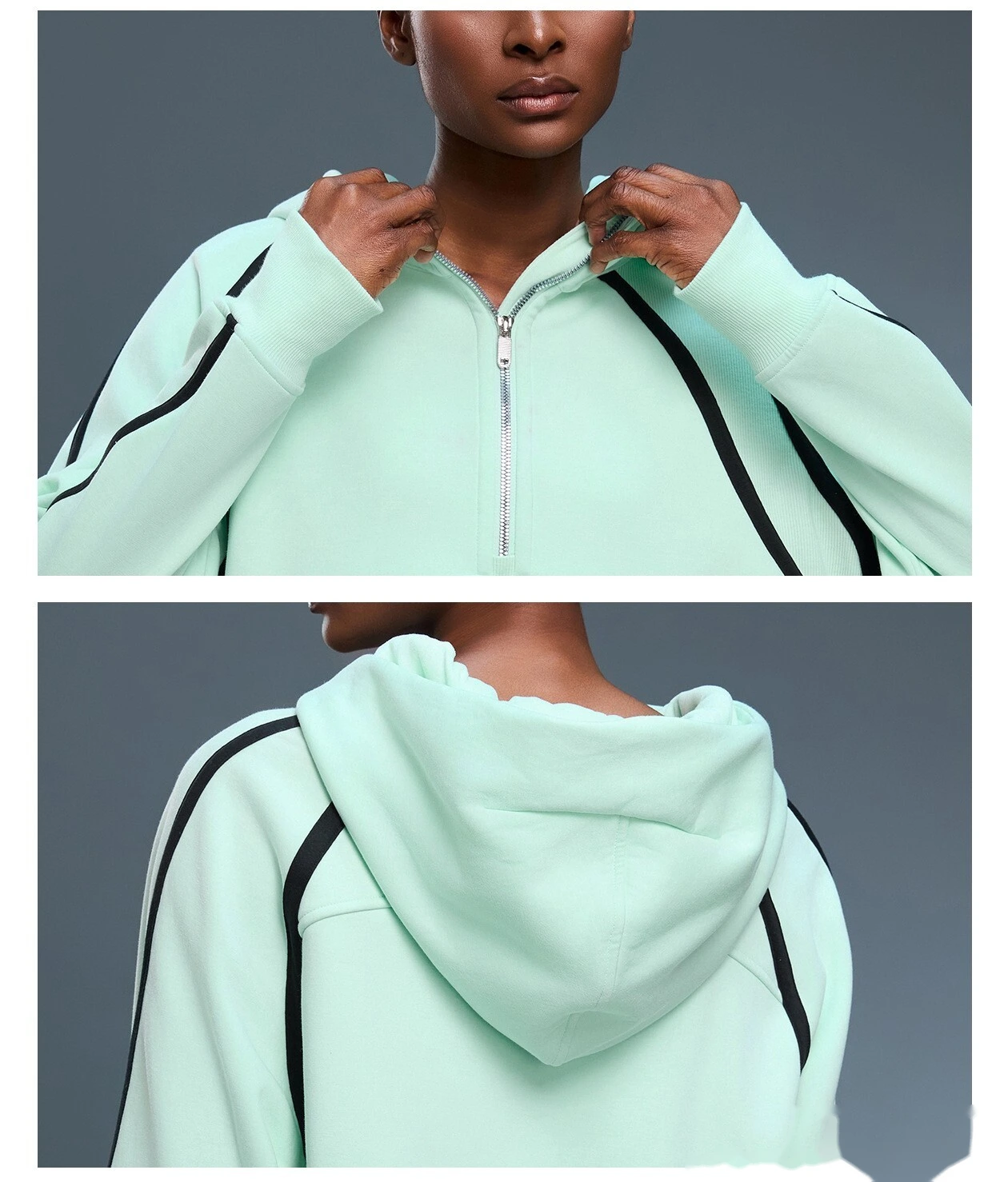 Customized high-necked semi-zipper hooded women's velvet loose contrast sports coat sweater detail