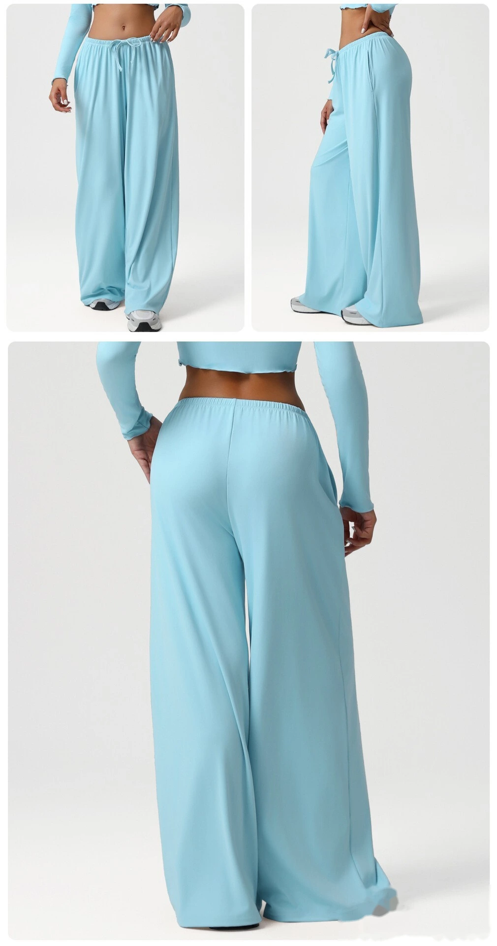 Custom wide-leg women's sweatpants loose low waist fitness pants elastic leisure yoga belt pocket detail