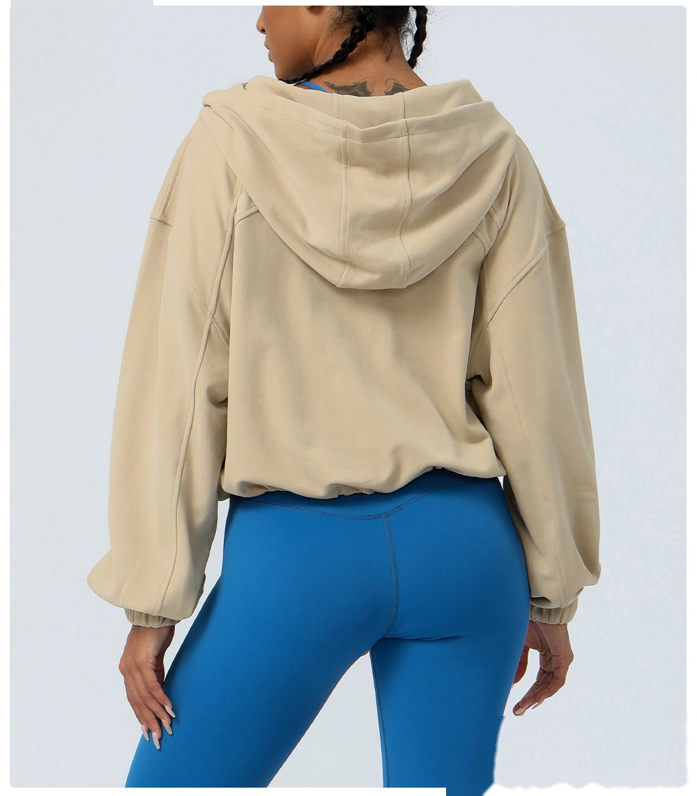 Custom hooded zipper loose yoga fitness jacket women's outdoor running coat long sleeve sweater detail