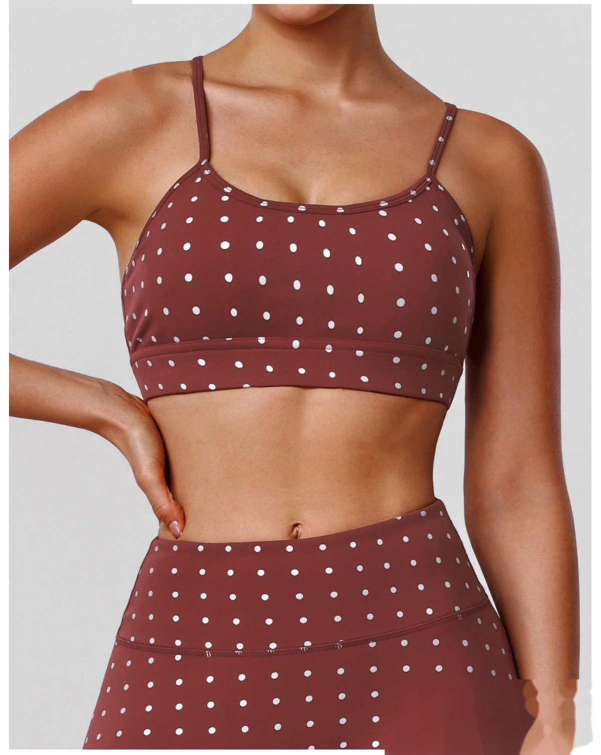 Women's US/EU Thin Strap Yoga Bra - Customizable Silver Hot-Stamped Polka Dot Shockproof High-Elastic Fitness Bra detail