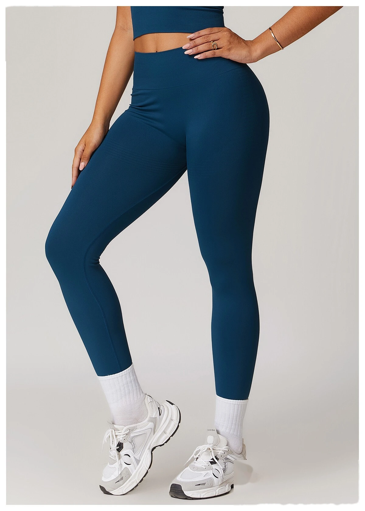 Custom EU/US High-Waisted Yoga Pants - Seamless Butt-Lifting Ribbed Waist Tummy-Control Leggings for Running Gym detail