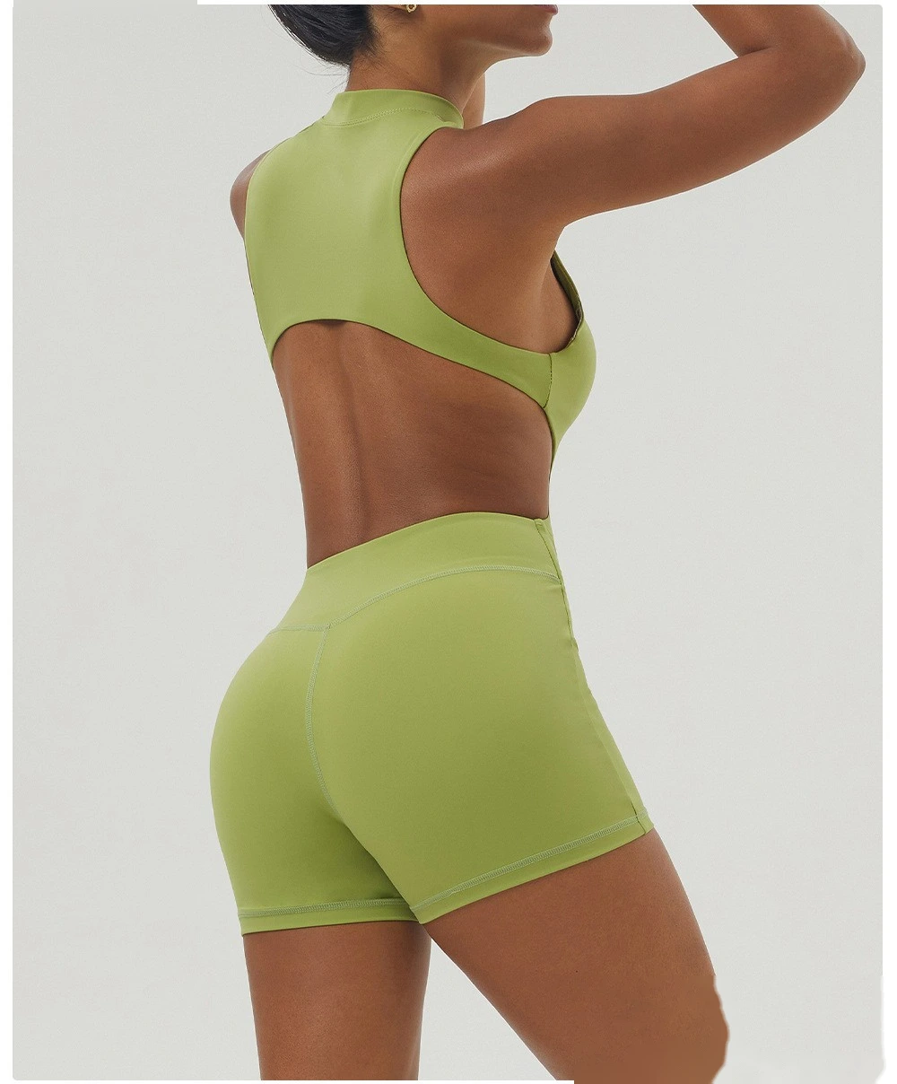 Customized sexy yoga jumpsuit shaping slim zipper stand collar sports jumpsuit shorts fitness suit detail
