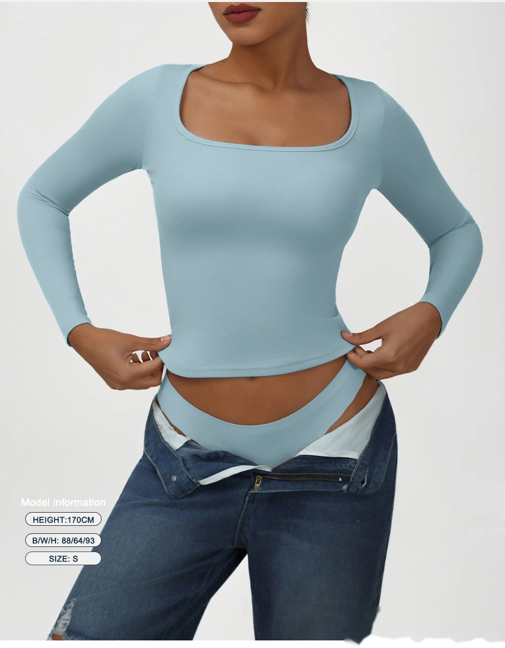 Customized high elastic tight T-shirt casual square collar sexy solid color long sleeve yoga sports shirt detail