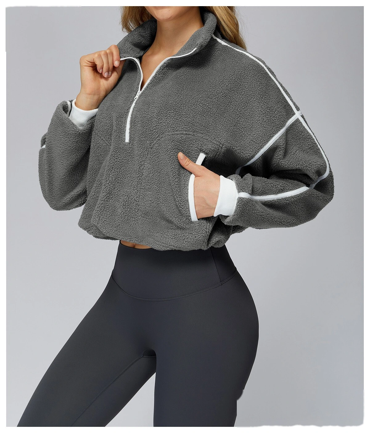 Customized autumn and winter stand-up collar windproof and warm polar fleece coat women's cashmere sports sweater detail