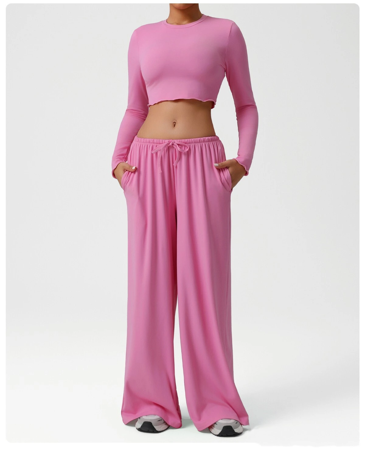 Custom wide-leg women's sweatpants loose low waist fitness pants elastic leisure yoga belt pocket detail