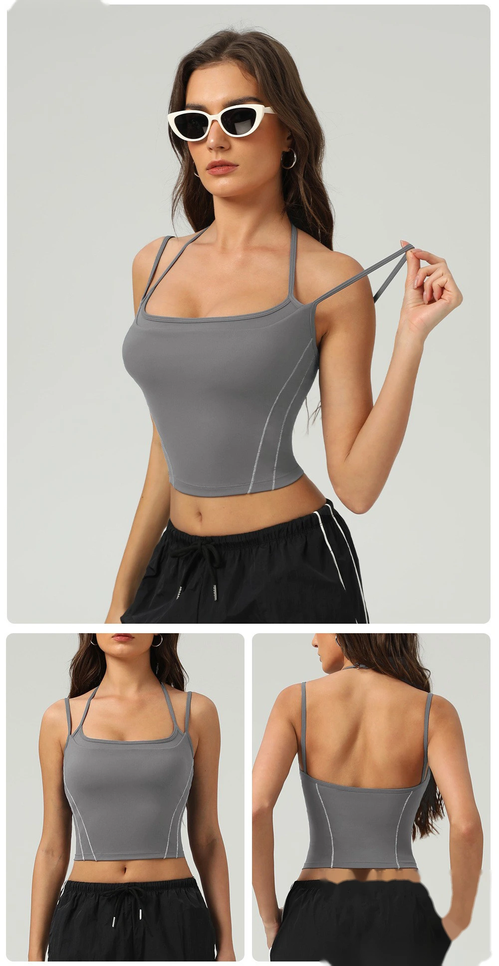 Customized nude contrast top tight waist outdoor sports bra women's thin shoulder strap vest suspender bra detail