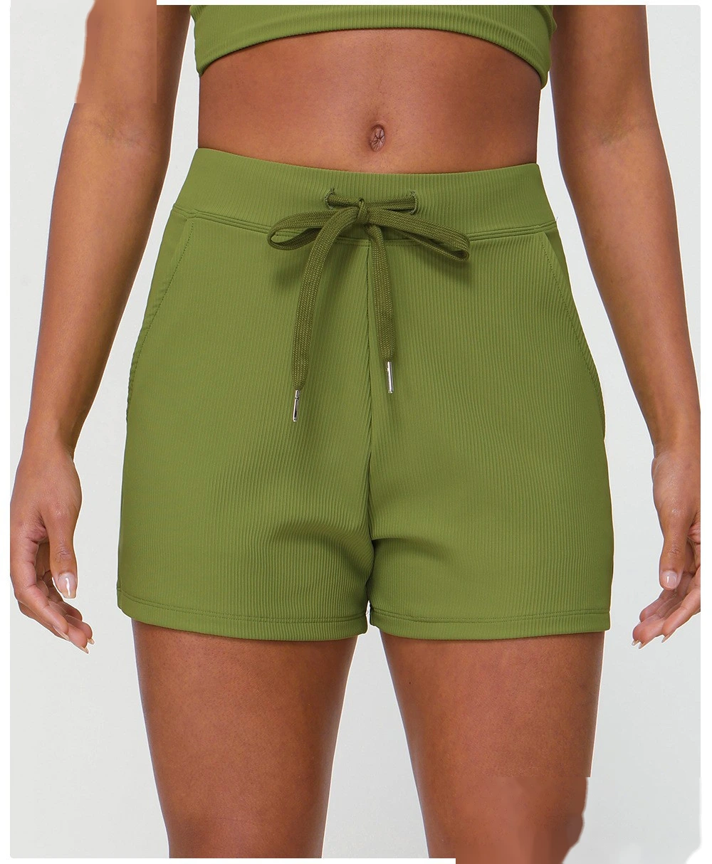 Customized rib loose casual shorts women's drawstring quick-drying yoga shorts pocket high elastic sports pants detail