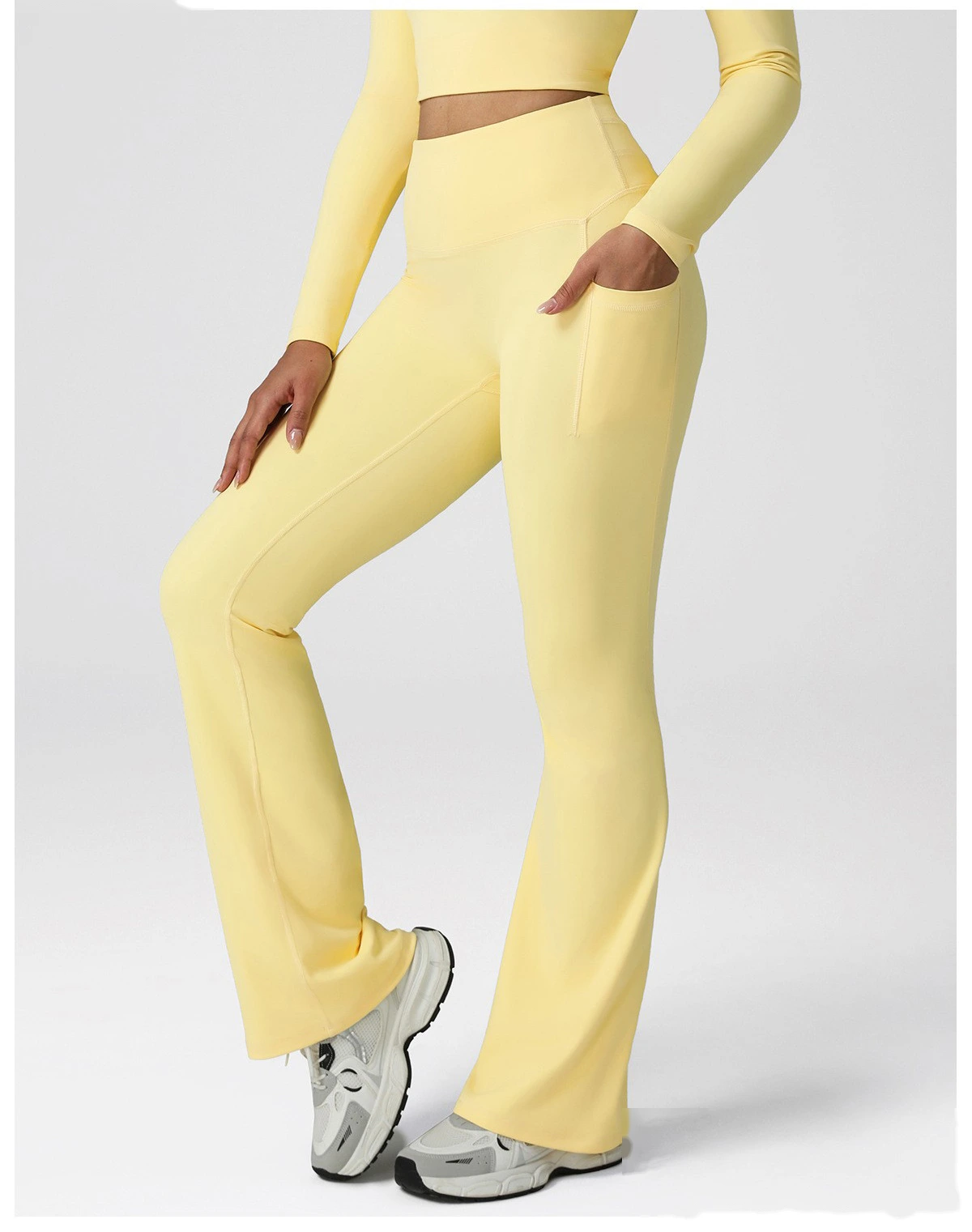 Custom slim pocket dance wide-leg pants hip high waist leisure bell bottoms fitness yoga pants. detail