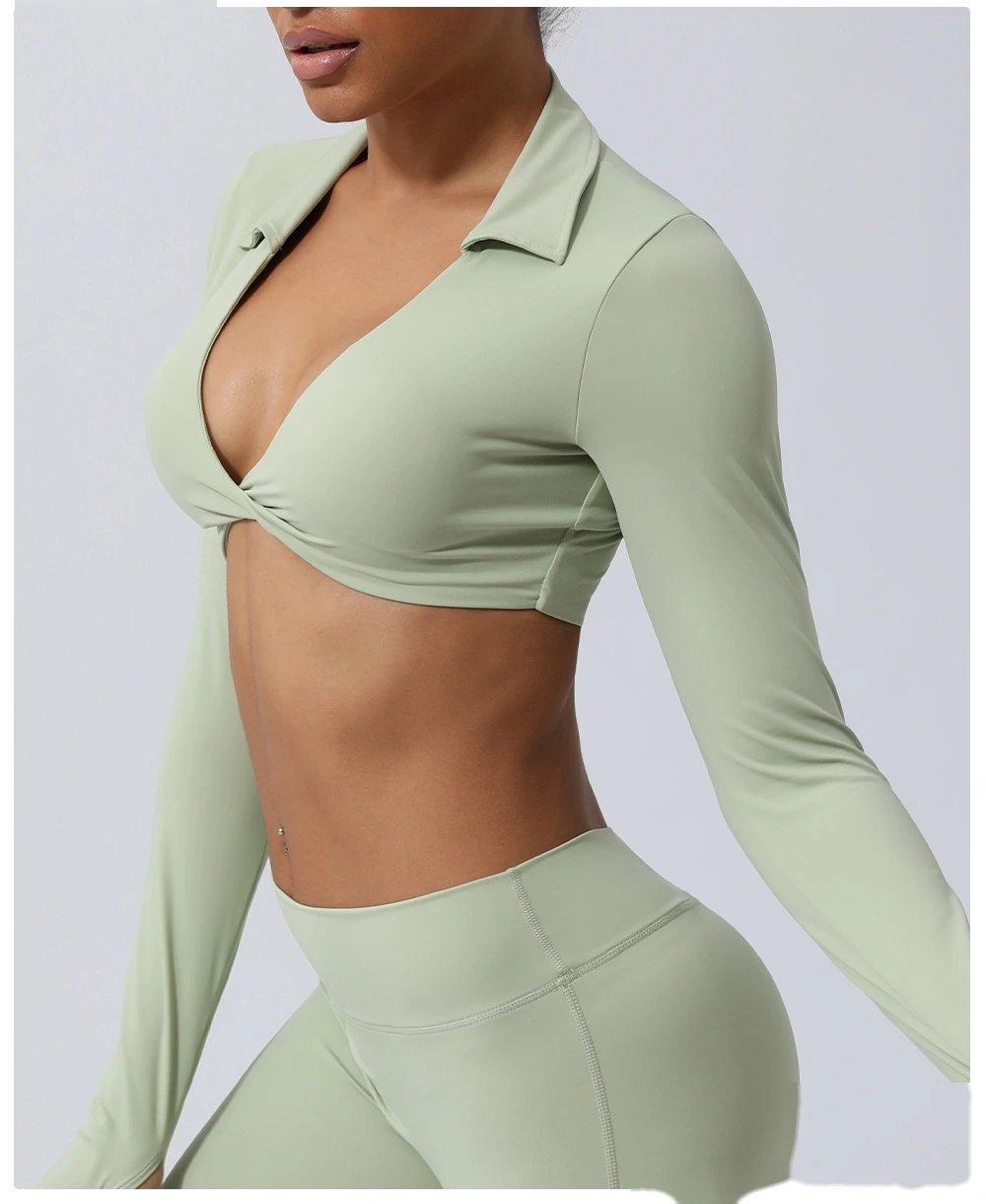 Custom-made nude lapel twisted sports shirt sexy navel yoga clothes long sleeve T-shirt detail