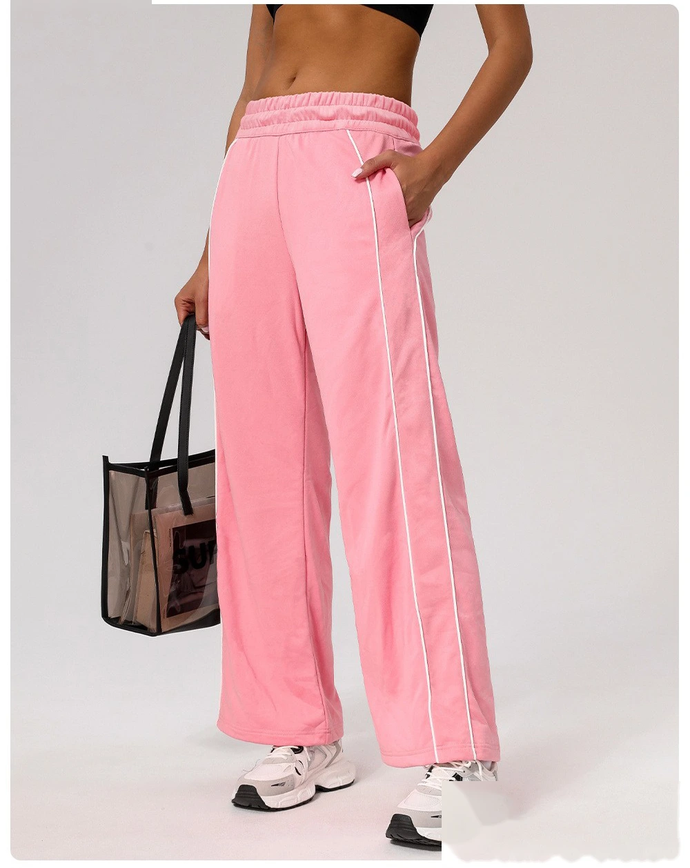 Custom leisure sports pants contrast American loose straight pants women's pocket yoga hip fitness wide-leg pants detail