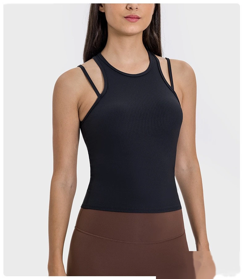 Customized rib new breathable I-shaped back yoga vest with chest pad female fitness bra top detail