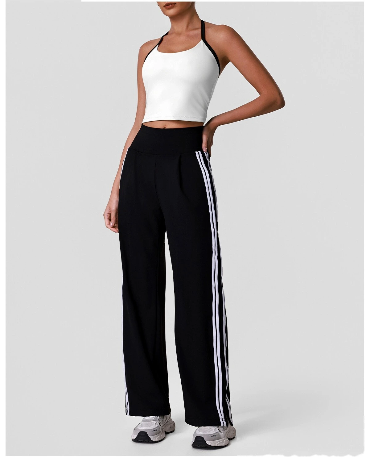 Halter Padded Sports Vest & Color Block Striped Wide Leg Pants Set for Women, Fitness Running Workout Suit detail