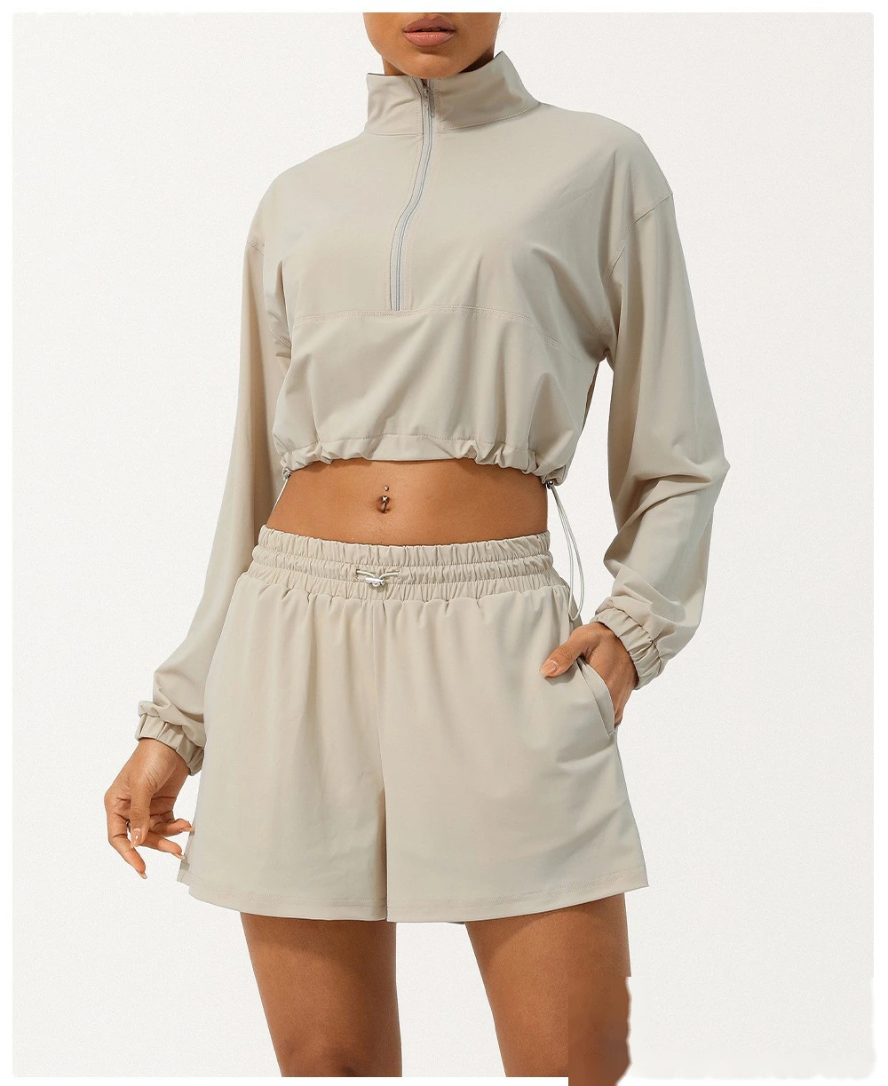 Customized semi-zipper turtleneck sunscreen yoga suit jacket UV-proof outdoor drawstring hooded sun-protective clothing detail