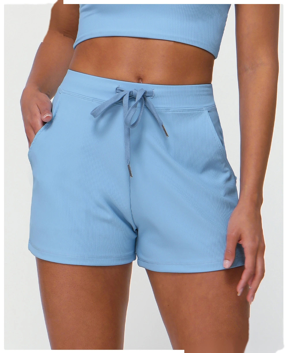 Customized rib loose casual shorts women's drawstring quick-drying yoga shorts pocket high elastic sports pants detail