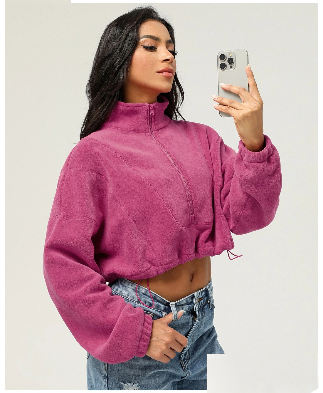Customized autumn and winter Olympic fleece long-sleeved sweater stand-up zipper short casual warm sportswear women detail