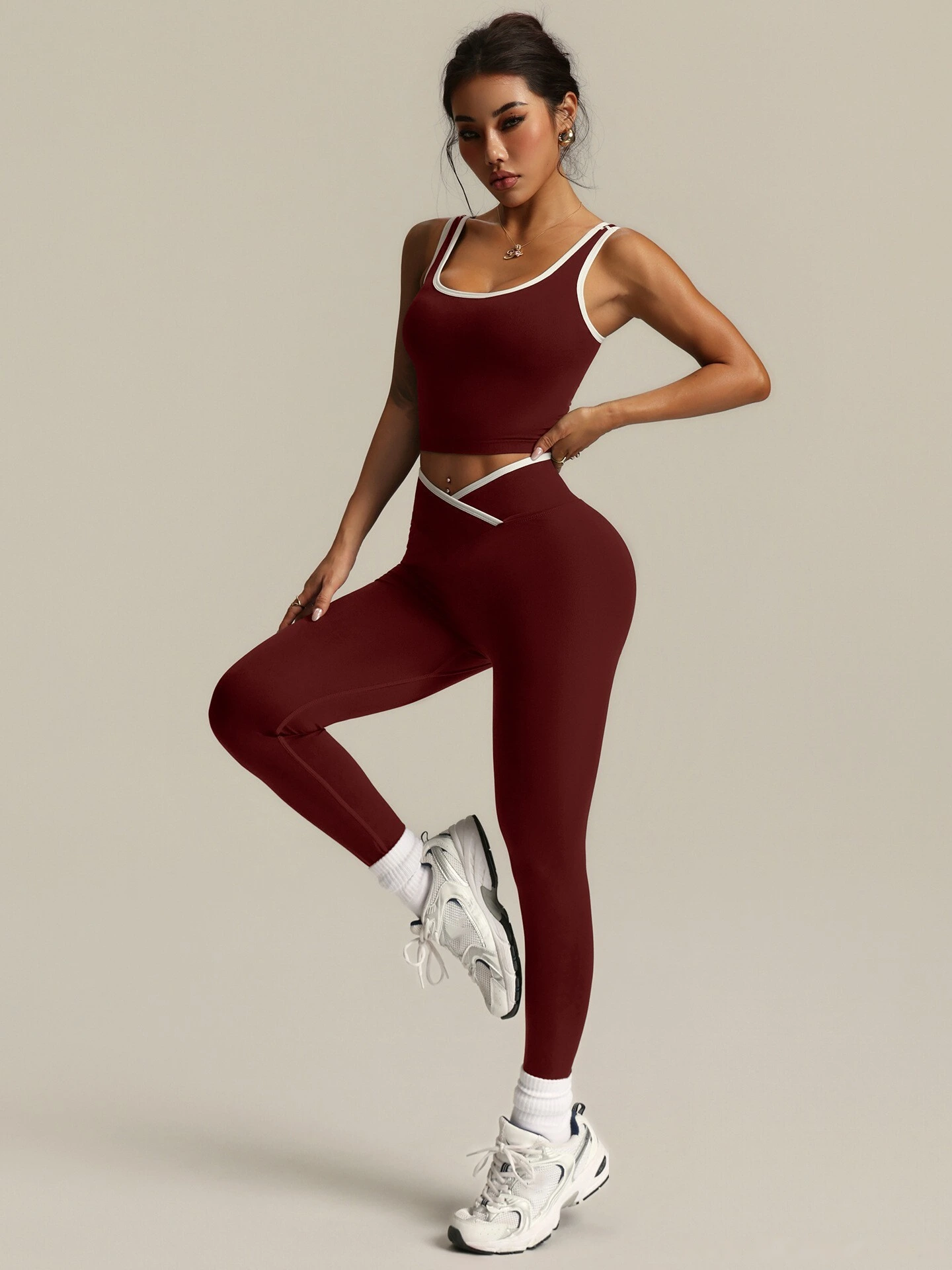 Custom Tight Yoga Fitness Set - Color Block Cross High-Waisted Leggings & Sports Bra detail