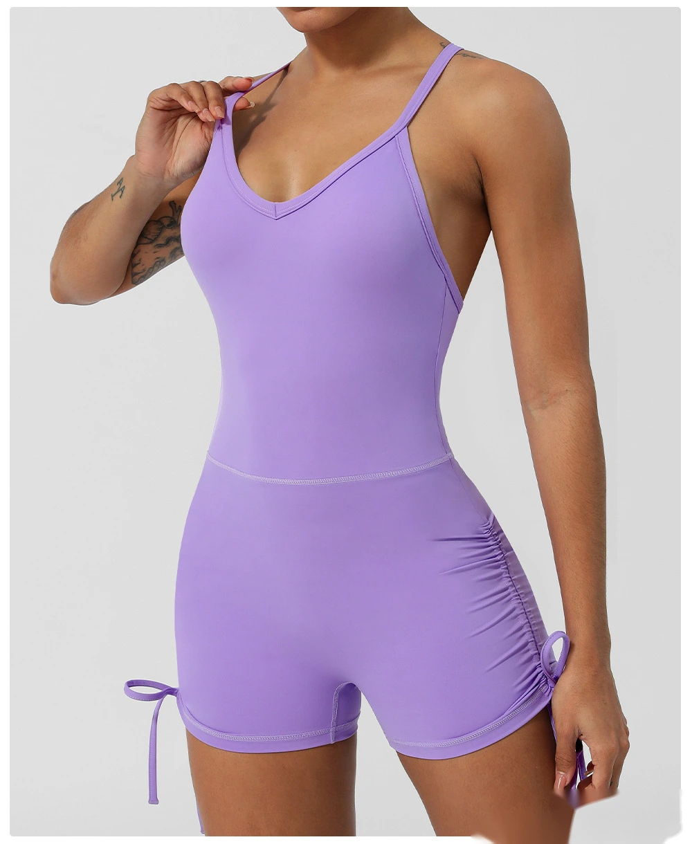 Custom-made European and American thin ribbon cross back yoga clothes tight shorts jumpsuit with chest pad detail