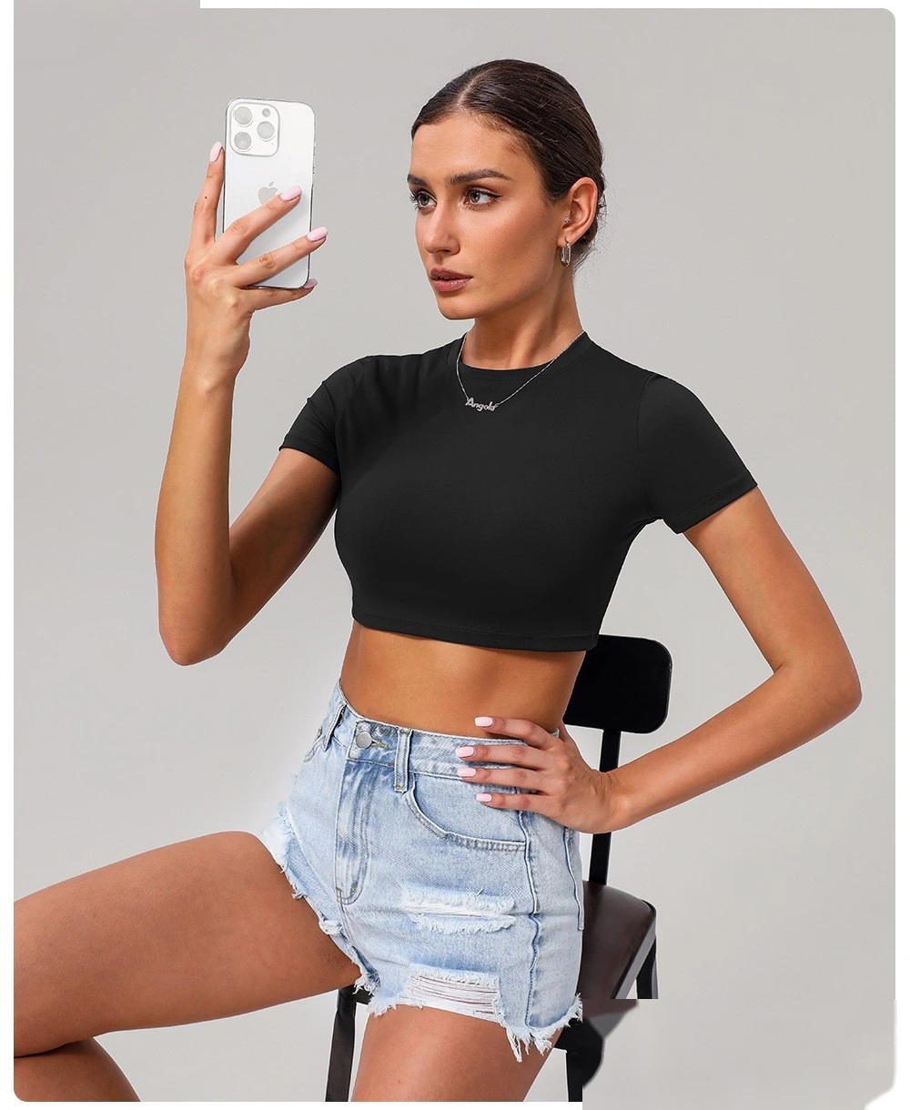 Customized tight-fitting yoga short-sleeved women's sports short-sleeved fitness clothes short-sleeved tops detail