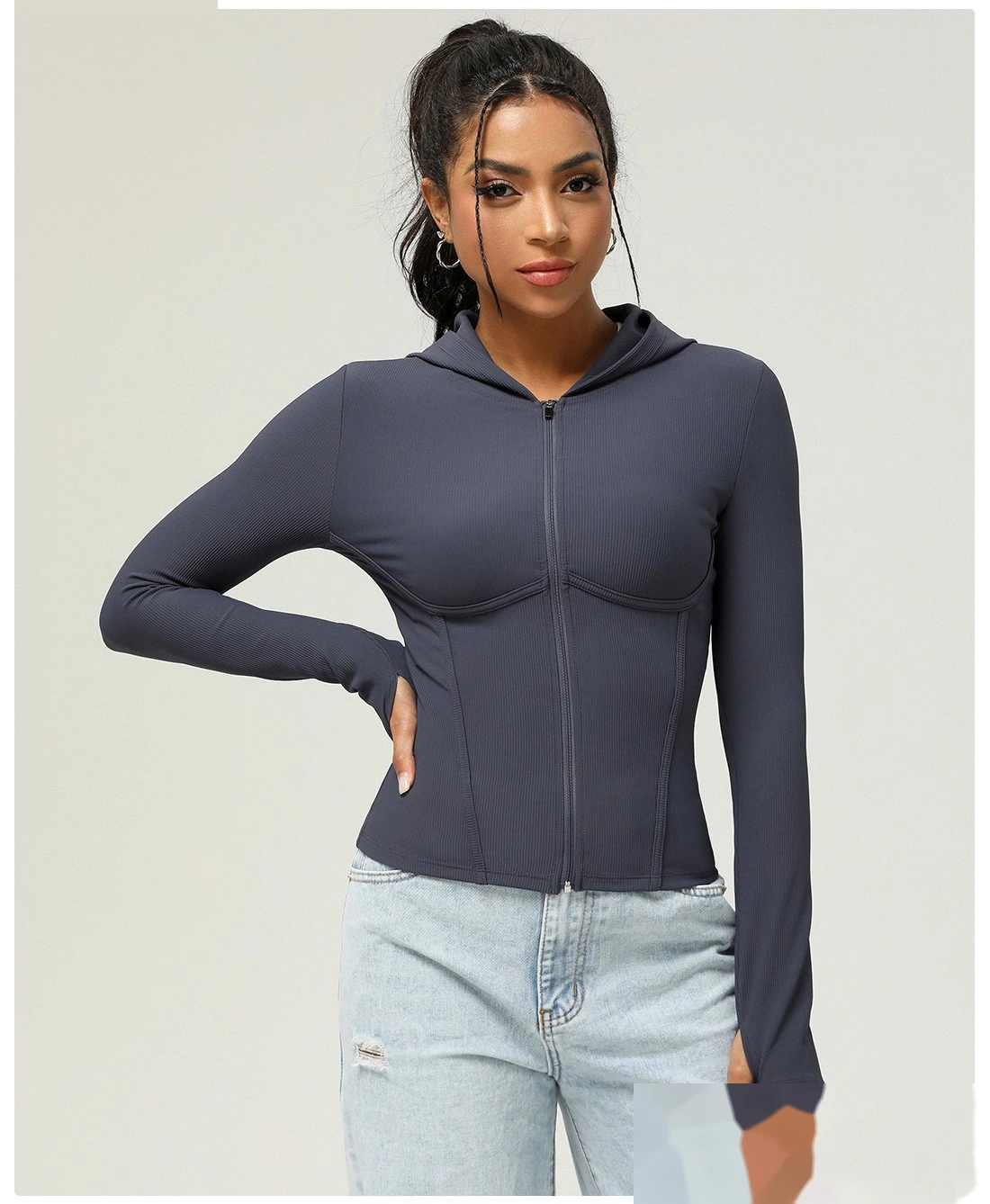 Custom slim hooded sports coat long sleeve autumn and winter yoga coat leisure sports coat women detail