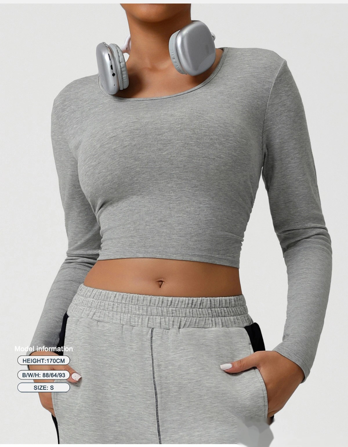 Custom-made threaded short yoga clothes female umbilical slim running autumn sports long sleeve T-shirt top. detail