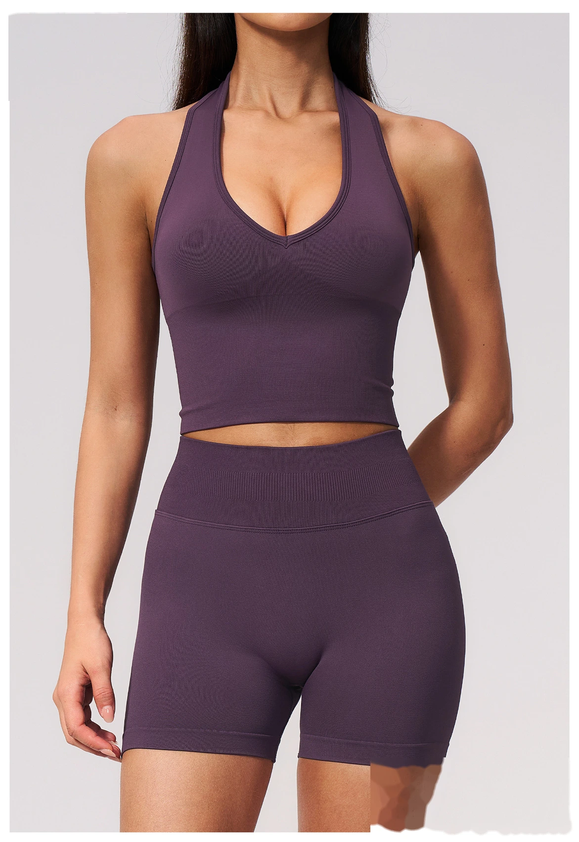Custom Logo Seamless Sports Two Piece Set, Halter Neck V Front Yoga Top, High Waist Tummy & Hip Shaping Fitness Suit detail