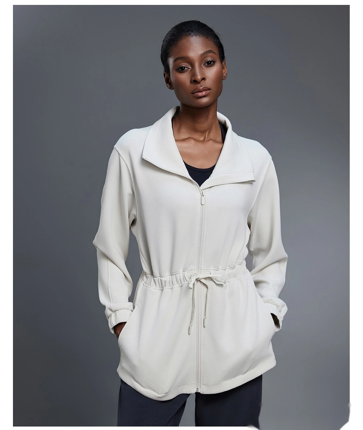 Custom-made long coat women's drawstring waist jacket leisure commuter sports windbreaker detail