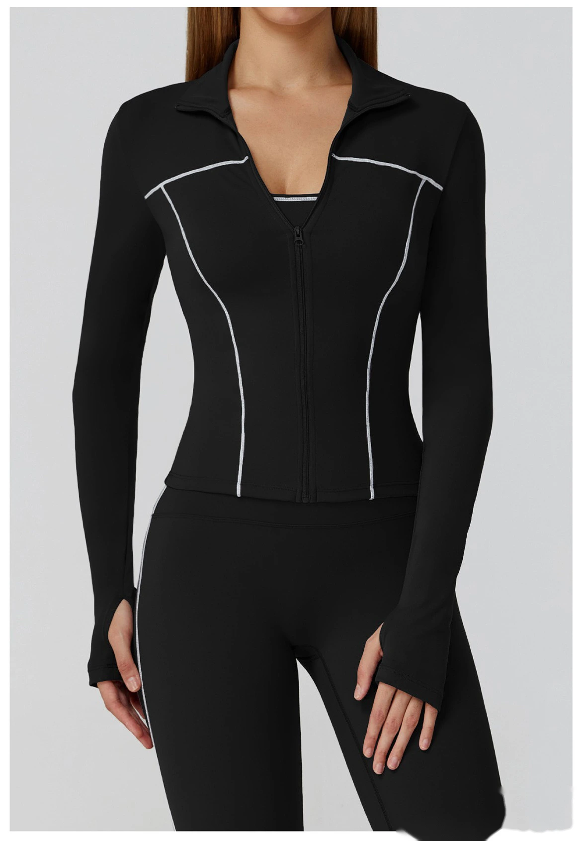 Custom contrast sanding yoga jacket zipper windproof slim coat outdoor sports running fitness clothes women detail