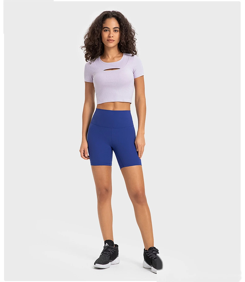 Customized rib sexy hollow short sports T-shirt women with chest pad slim yoga short sleeves detail
