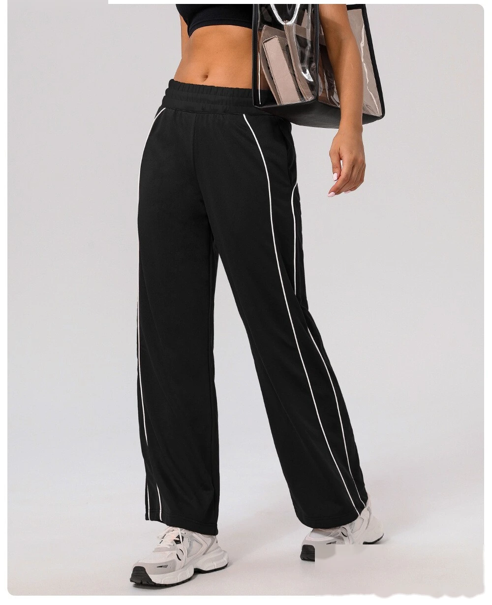 Custom leisure sports pants contrast American loose straight pants women's pocket yoga hip fitness wide-leg pants detail