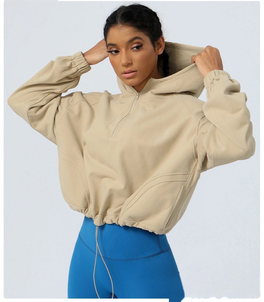 Custom hooded zipper loose yoga fitness jacket women's outdoor running coat long sleeve sweater detail