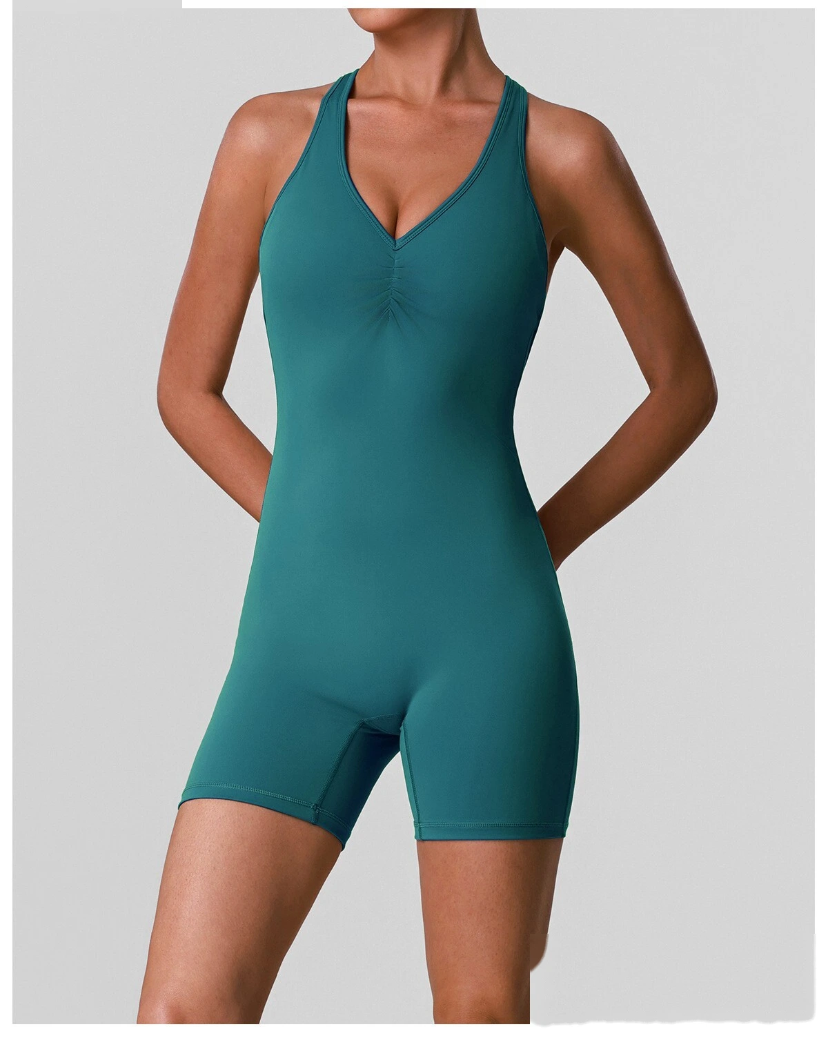 Custom Women’s Crisscross Beauty Back Yoga Romper V-Neck with Chest Pads High Stretch Fitness Short Jumpsuit detail