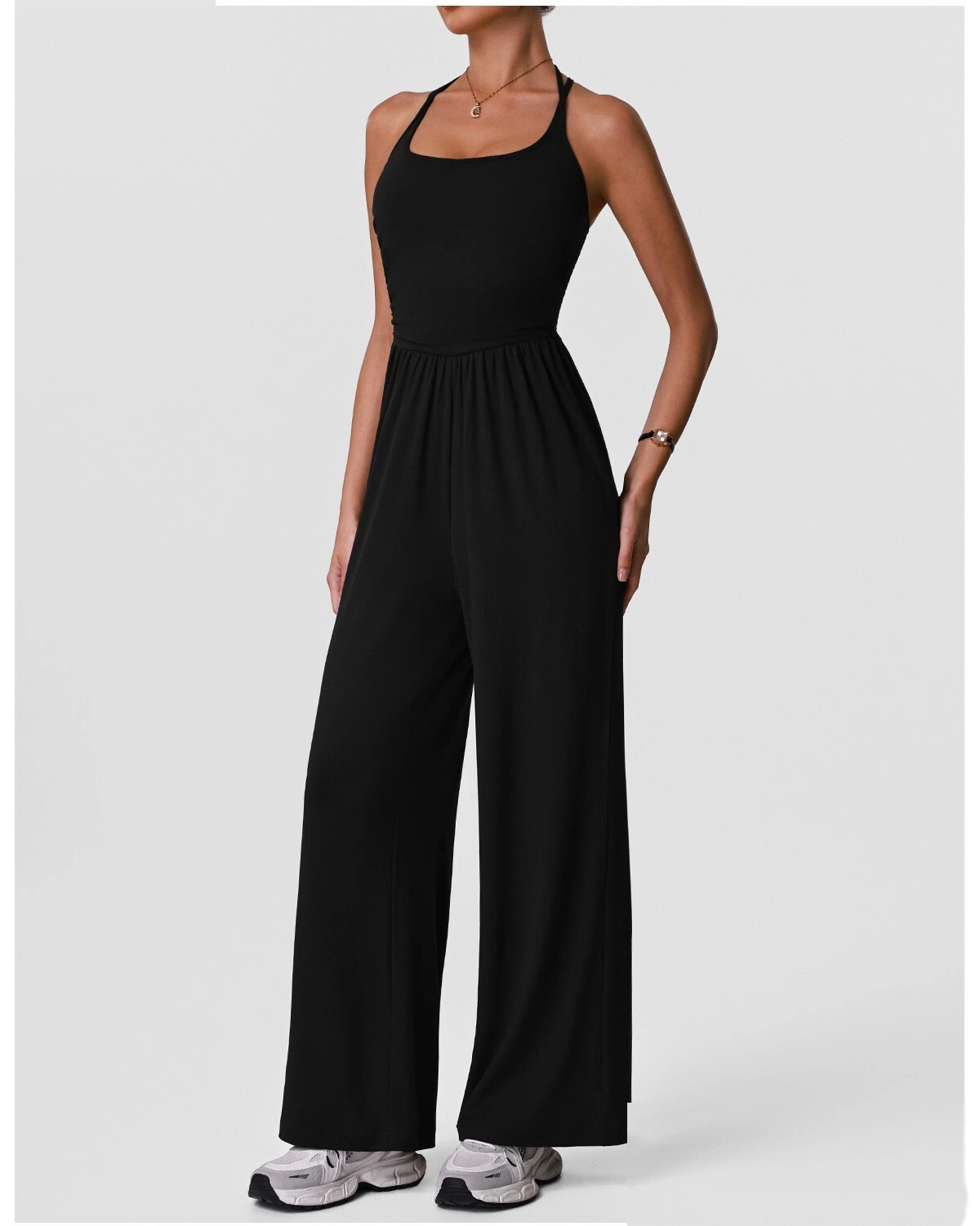 Women’s Halter Hollow Beauty Back Yoga Jumpsuit Casual Wide Leg One Piece Sportswear With Built-in Pads detail