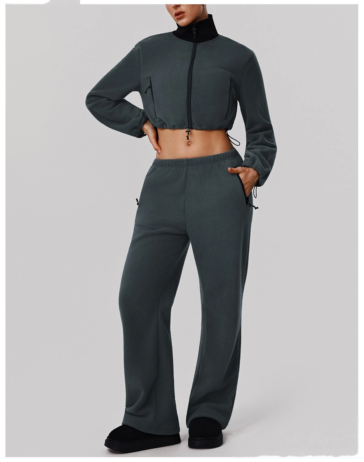 Custom Fleece Lounge Set - Women's Winter Warm Stand Collar Jacket & Wide-Leg Pants Sports Suit detail