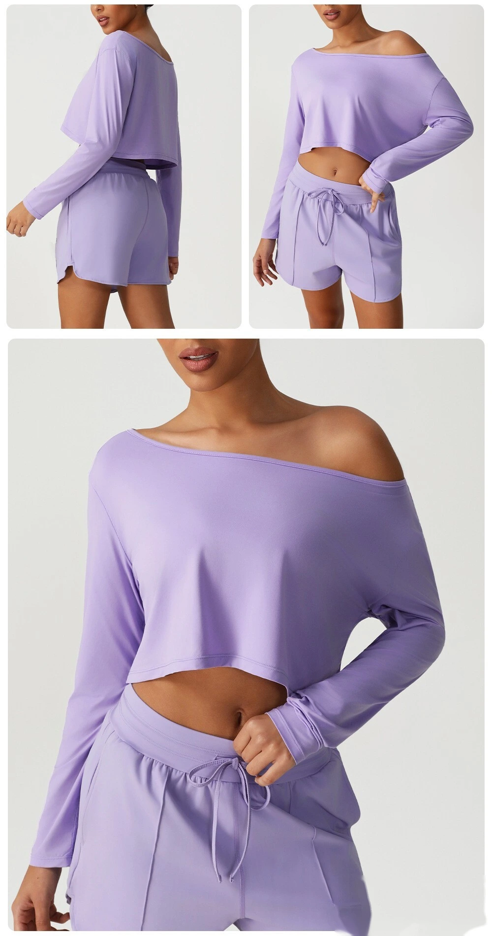 Customized diagonal shoulder long sleeve sports and leisure top high elastic loose T-shirt yoga fitness suit detail