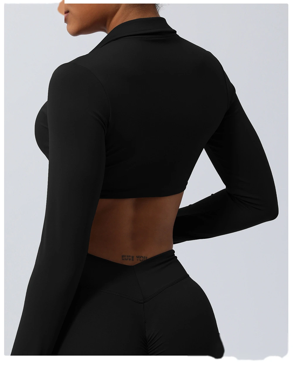 Custom-made nude lapel twisted sports shirt sexy navel yoga clothes long sleeve T-shirt detail