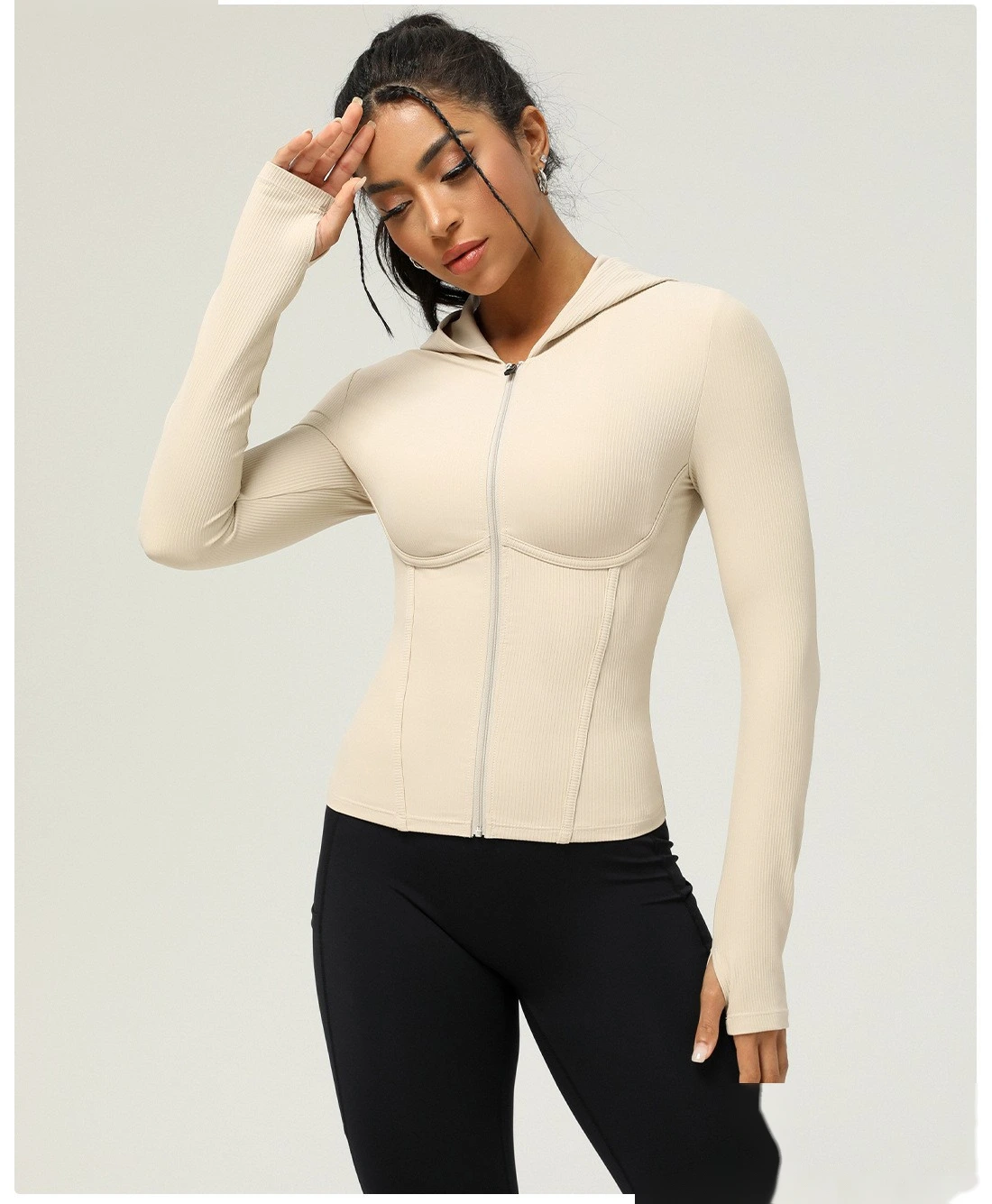 Custom slim hooded sports coat long sleeve autumn and winter yoga coat leisure sports coat women detail