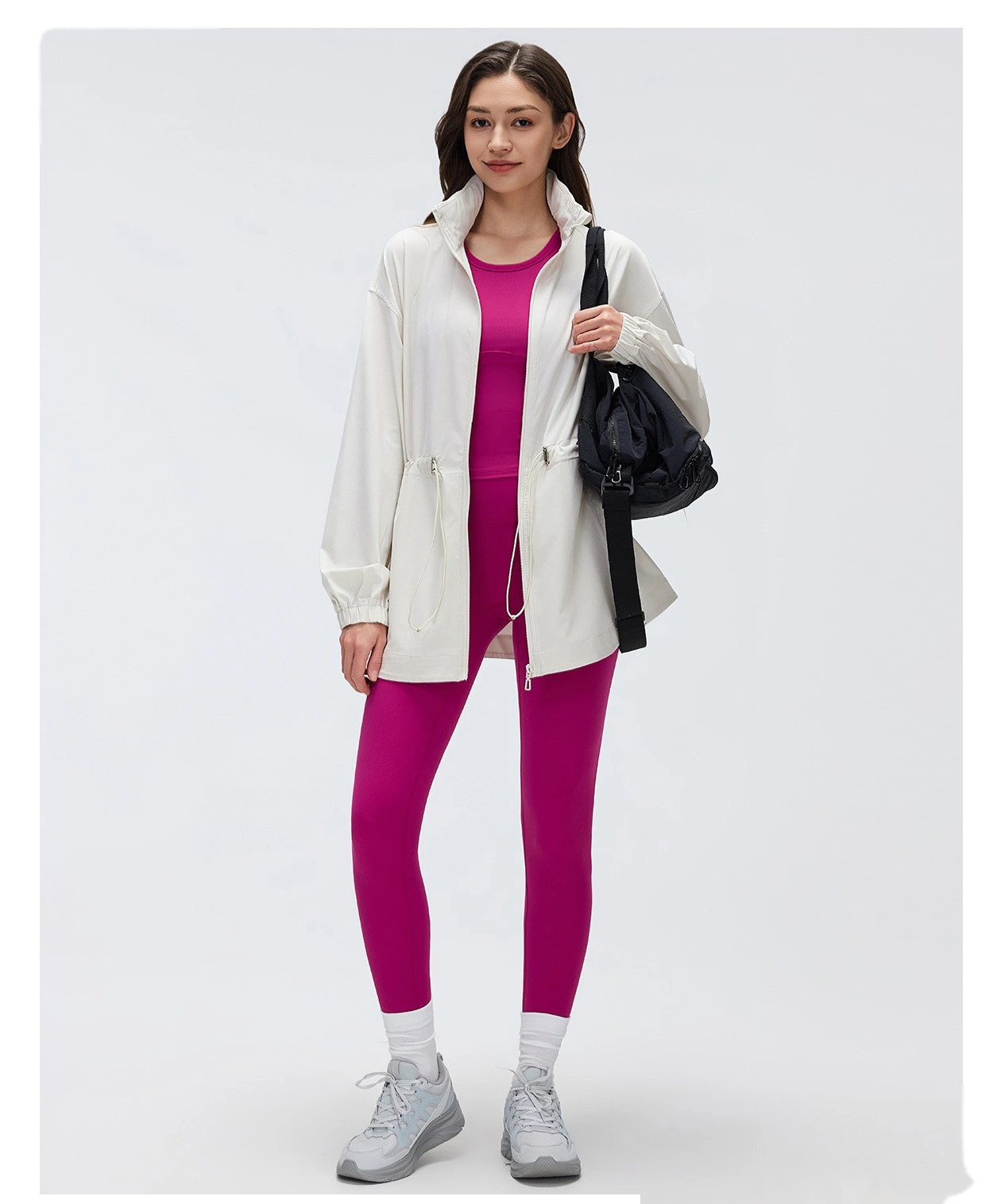 Women’s Custom Packable Hooded Stand Collar Sports Jacket Drawstring Waist Slim Fit Mid Length Zip Up Jacket detail