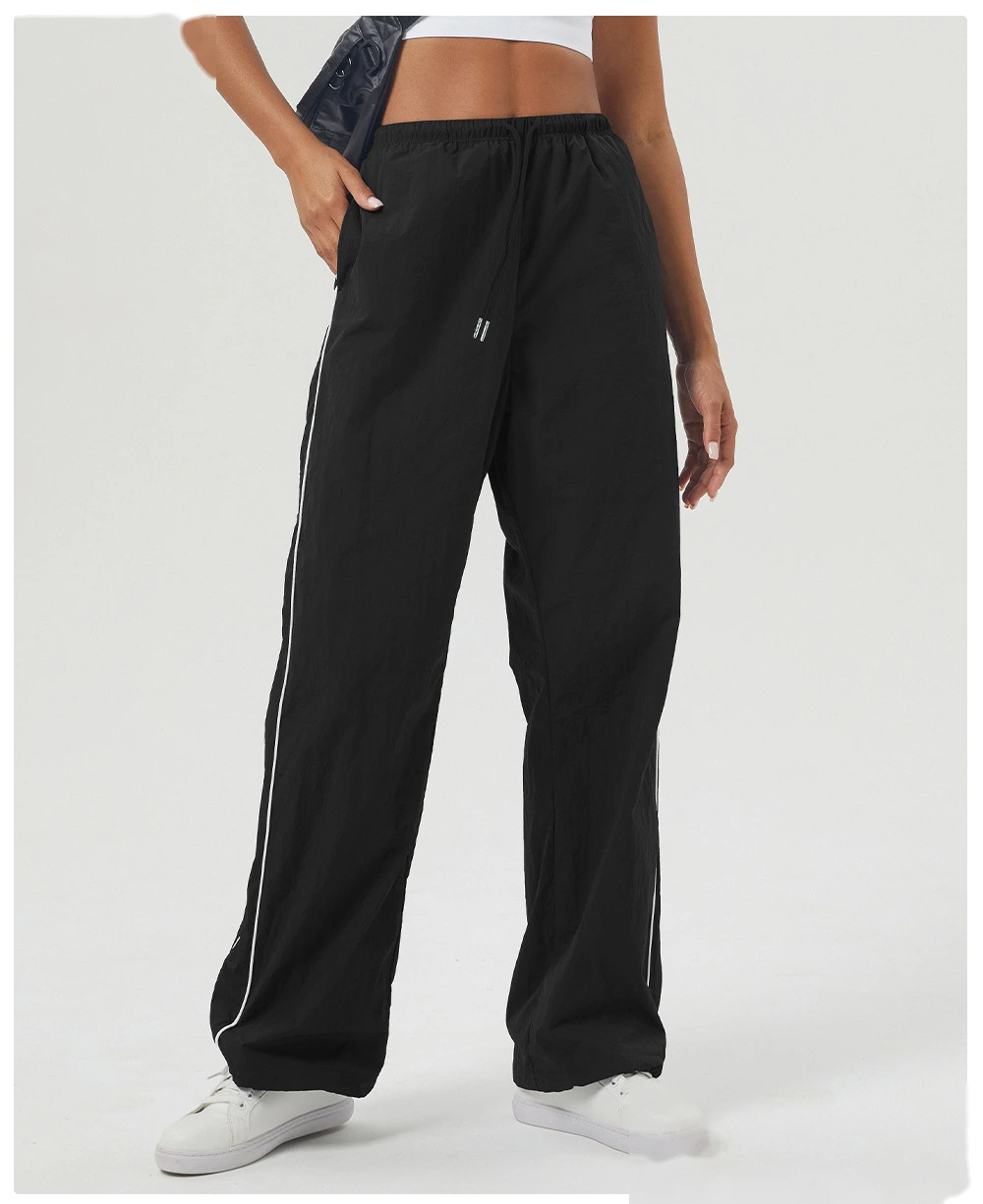 Custom contrast casual overalls drawstring pocket sports pants loose straight pants fitness pants detail