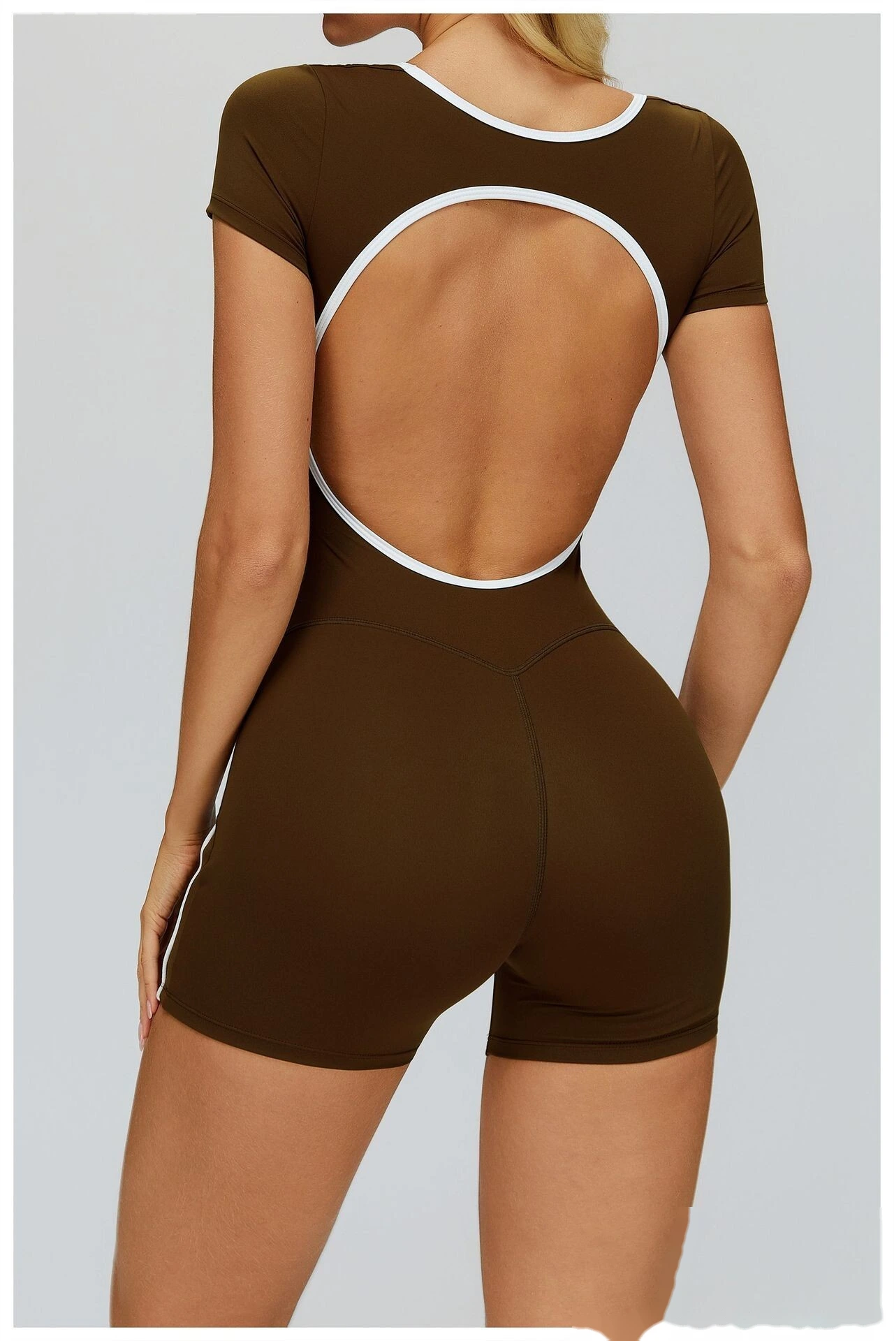 Custom Naked-Feel Yoga Jumpsuit - Women’s Color Block Openwork Cutout Back Tight Fitness Running Bodysuit detail