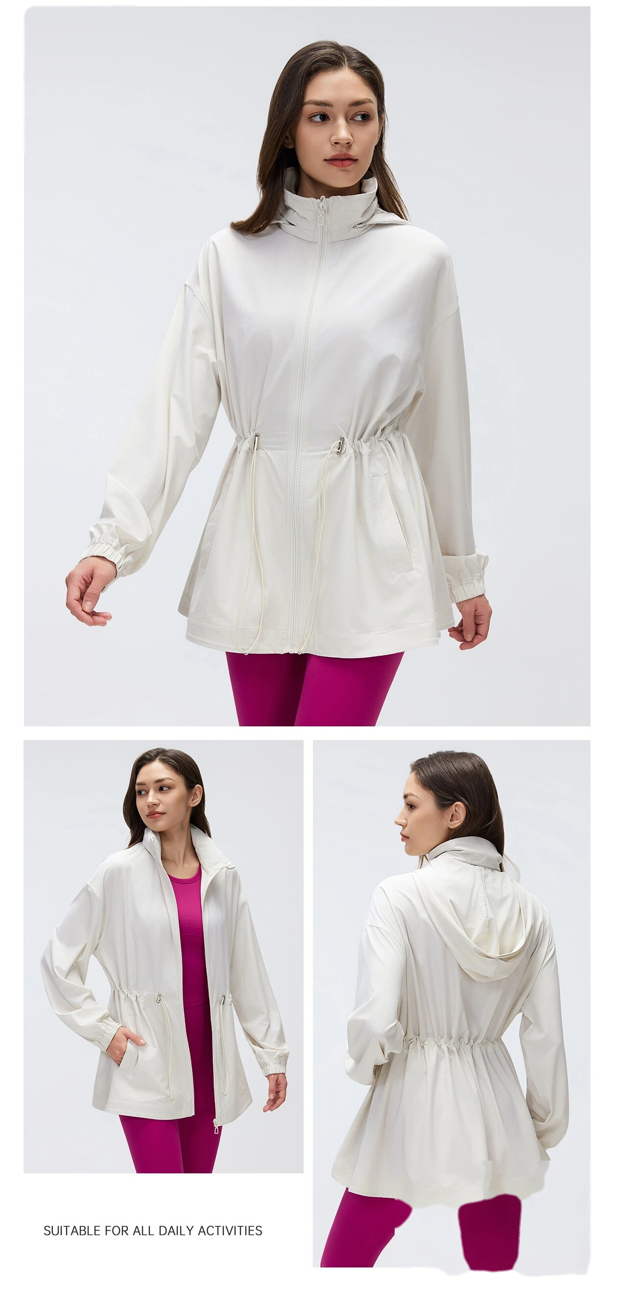 Women’s Custom Packable Hooded Stand Collar Sports Jacket Drawstring Waist Slim Fit Mid Length Zip Up Jacket detail