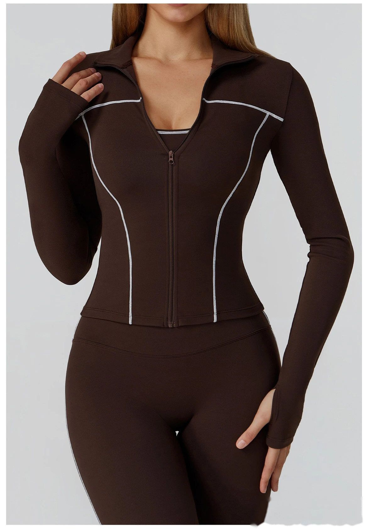 Custom contrast sanding yoga jacket zipper windproof slim coat outdoor sports running fitness clothes women detail