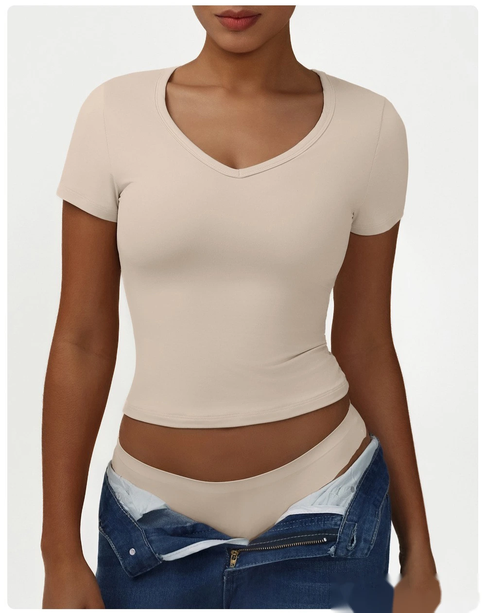 Custom tight fashion casual sports T-shirt small V-neck sexy high-elastic yoga clothes short-sleeved shirt detail