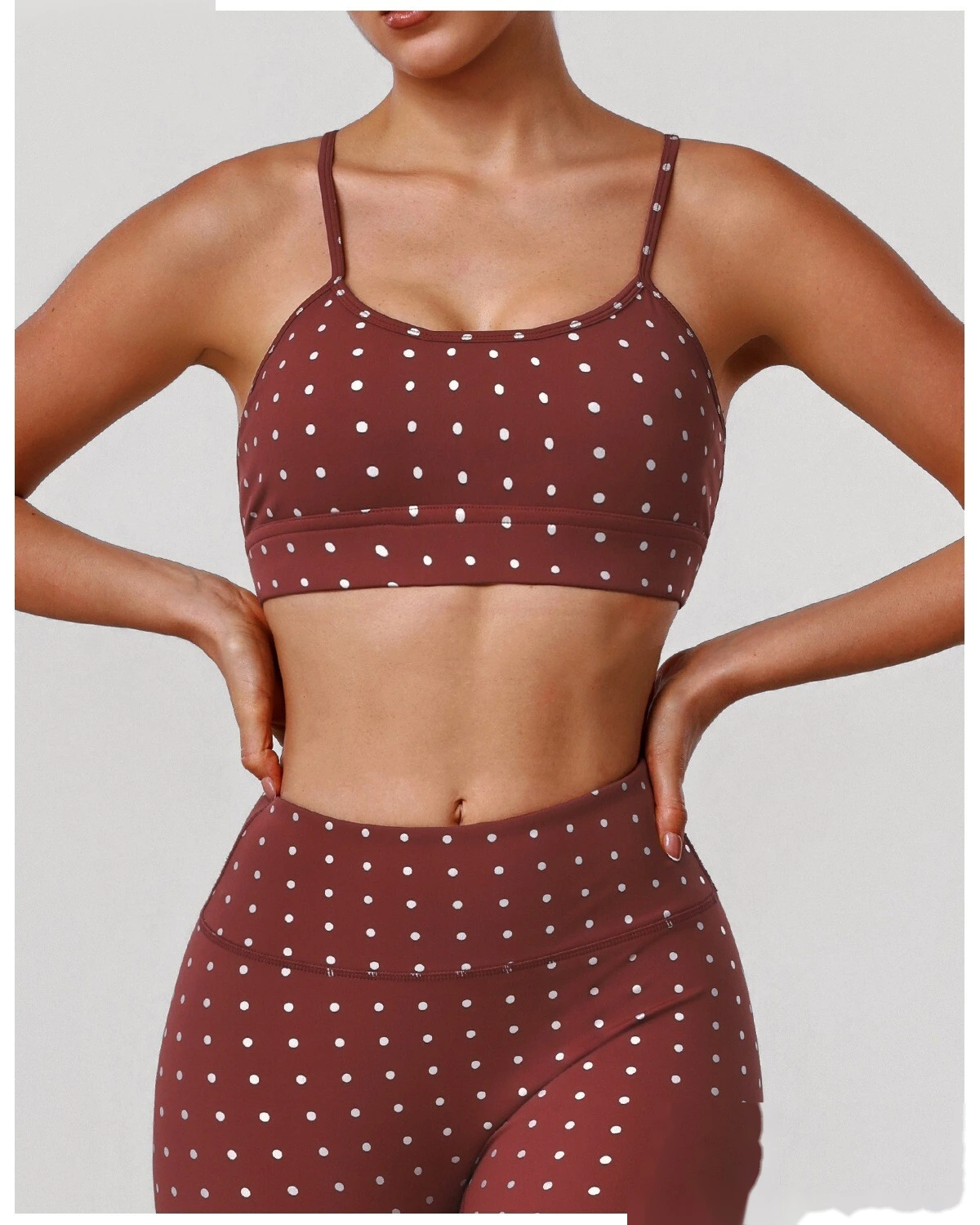 Women's US/EU Thin Strap Yoga Bra - Customizable Silver Hot-Stamped Polka Dot Shockproof High-Elastic Fitness Bra detail