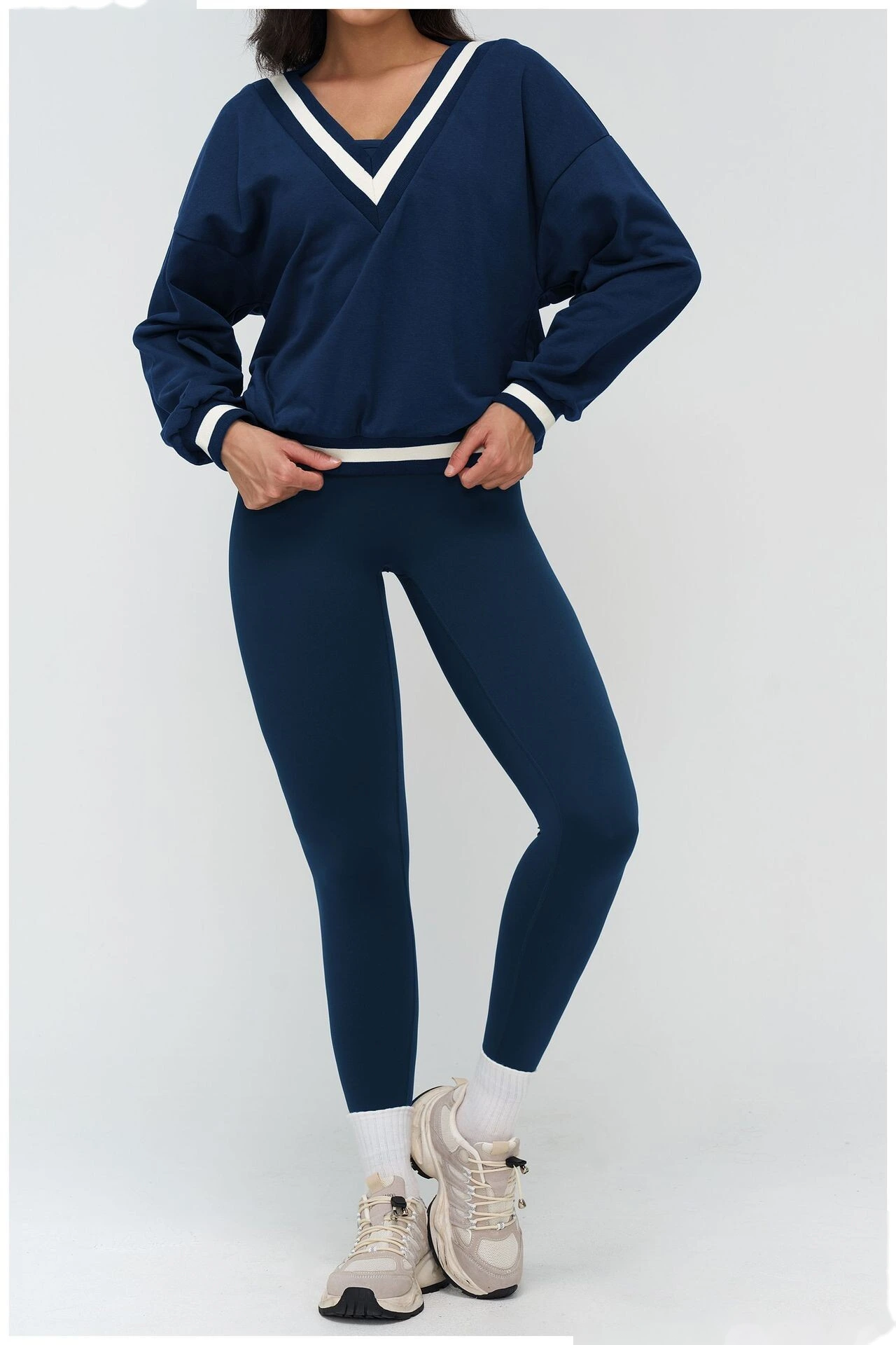 Bulk Custom V-Neck Casual Hoodie - Color Block Loose Fit Outdoor Sports Running Sweatshirt detail